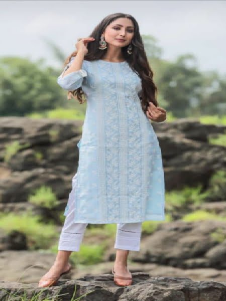 Buy Jaipur Kurti White  Sky Blue Printed Cotton Kurta for Women Online   Tata CLiQ