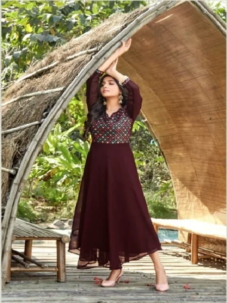 Wine Color Party Wear Long Gown :: ANOKHI FASHION