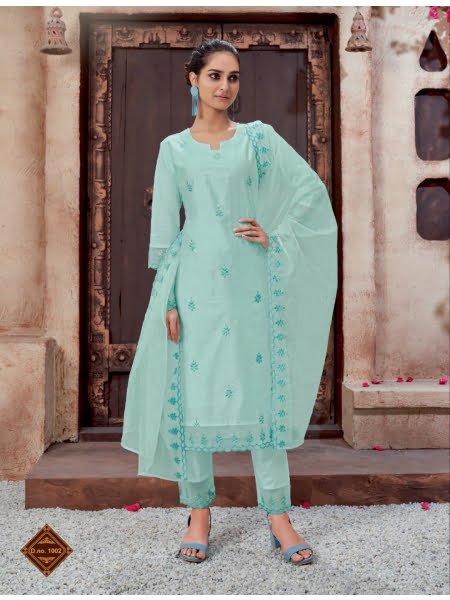 Lavanya The Label Women Blue  Pink Embroidered Kurti with Salwar  With  Dupatta  Absolutely Desi