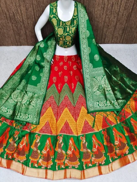 Buy P.C.D SALES Designer Kota Doriya Stitched Red Lehenga & Crop-Top with Green  Dupatta For women and Girls… at Amazon.in