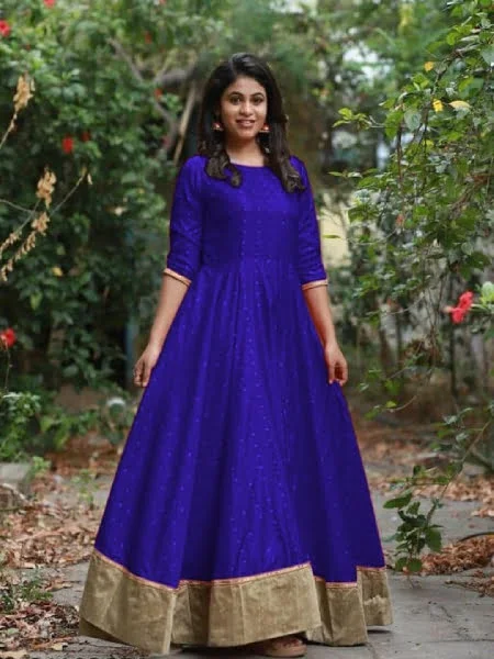 Blue Satin Bollywood Style Band Collar Gown | Party wear dresses, Indian  wedding gowns, Indian fashion dresses